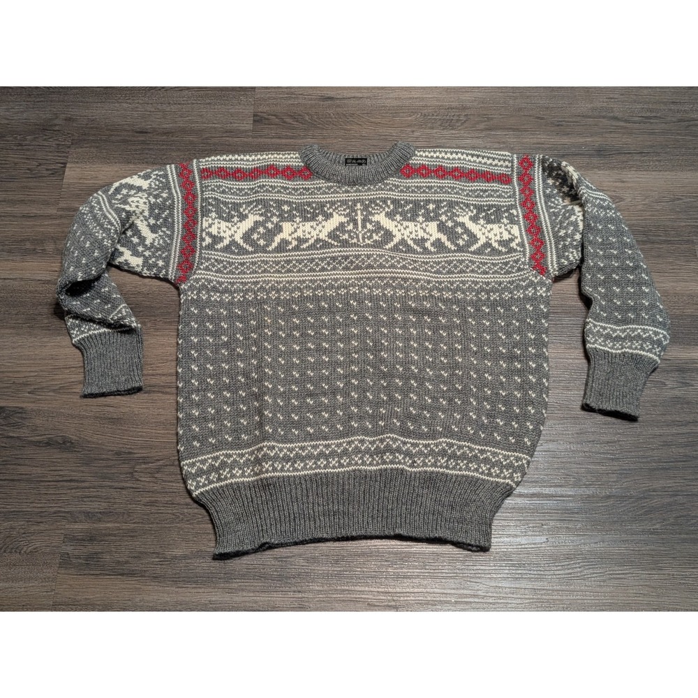 Dale of Norway Mens Medium Wool Fair Isle Reindeer Sweater Gray Nordic Crewneck